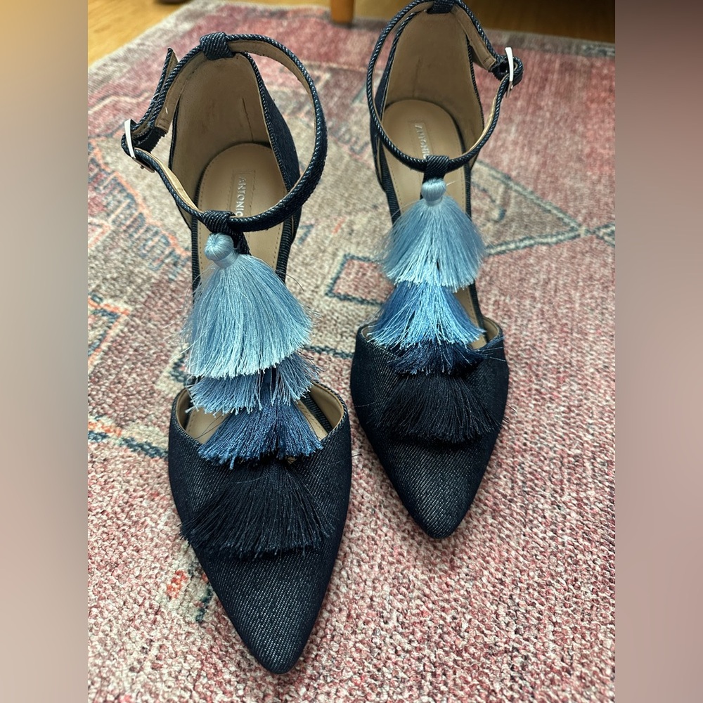 ANTONIO MELANI Navy Denim Pointed-Toe Heels with Blue Ombre Tassels